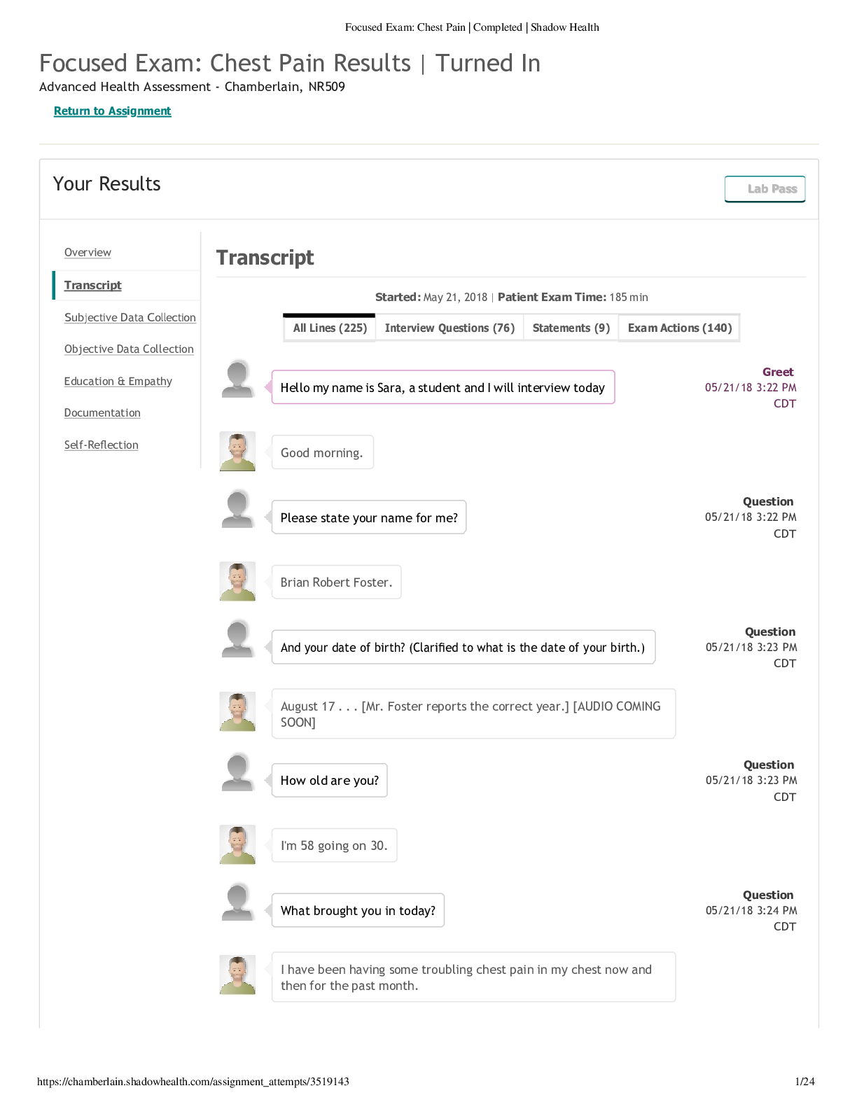 Preview image for FOCUSED EXAM CHEST PAIN RESULTS SHADOW HEALTH Advanced Health Assessment
